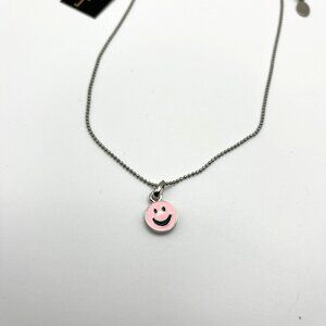 VTG Cookie Lee‎ Kids Necklace Pink Smiley Face Happy Face Emoji Silver Tone NEW